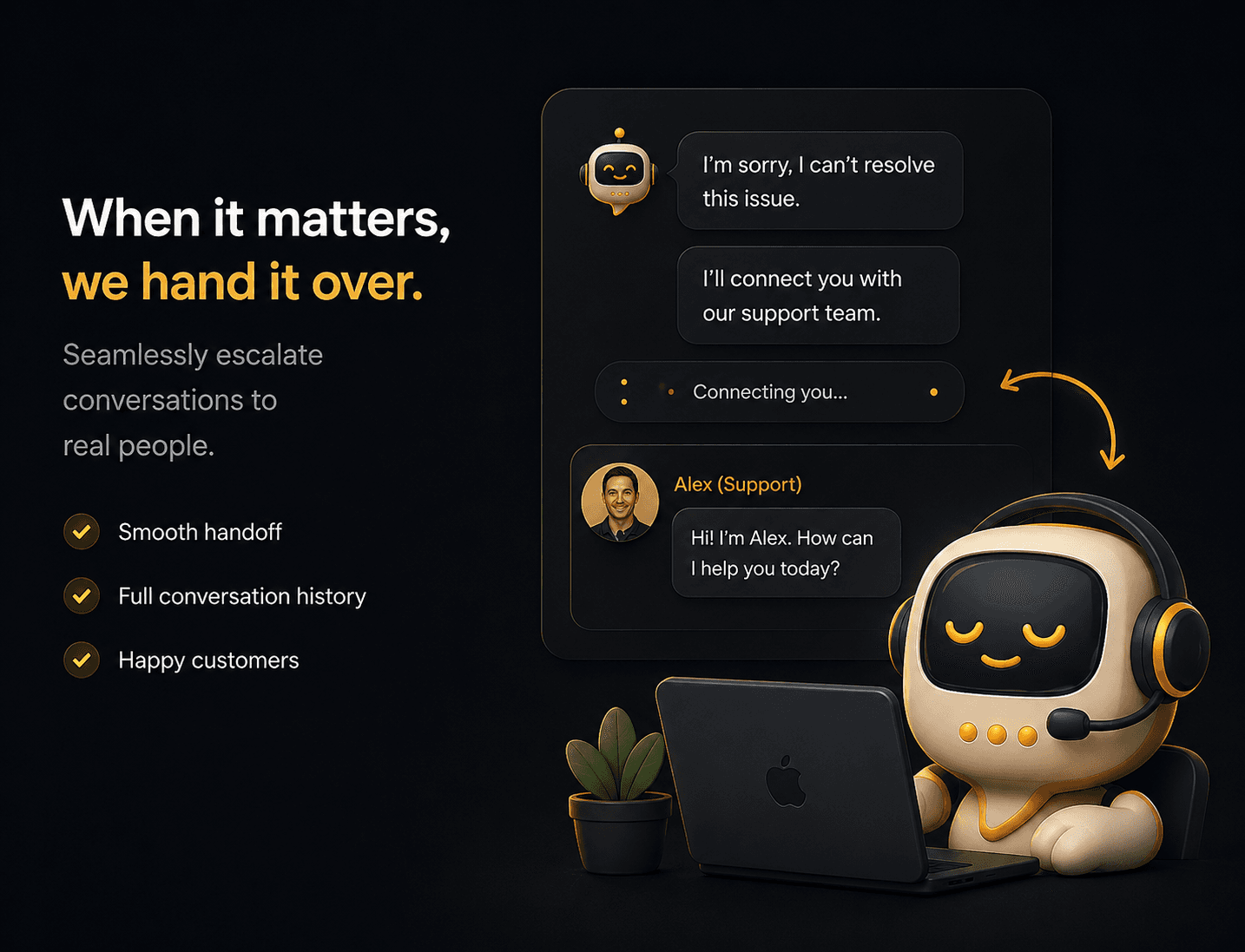 Promptly mascot handing off a conversation to a human agent