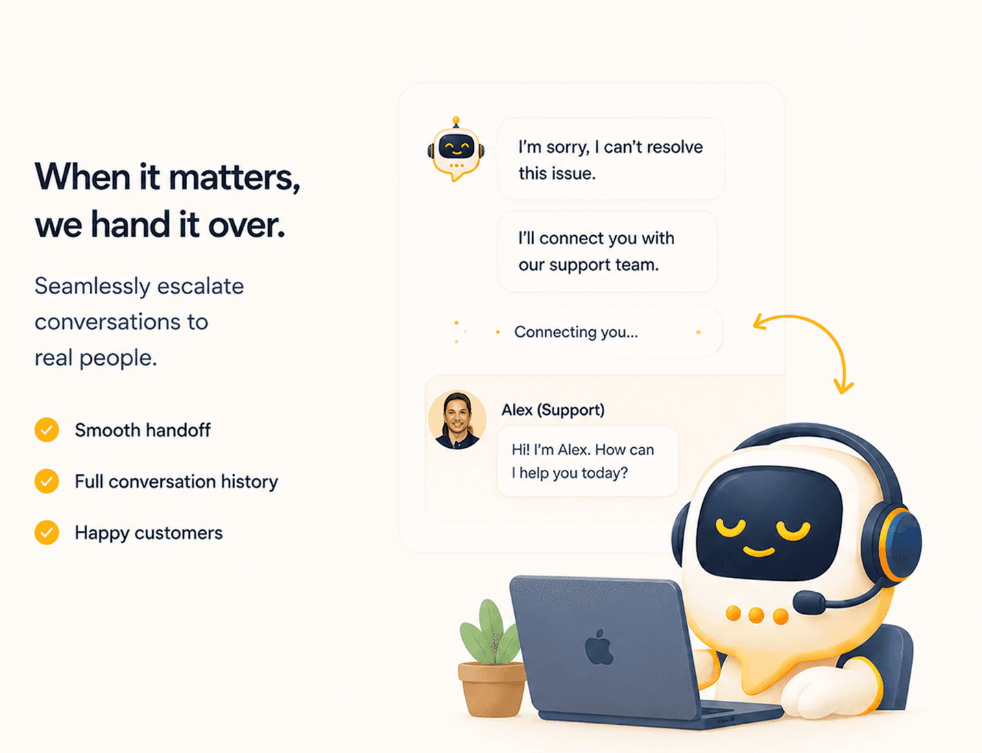 Promptly mascot handing off a conversation to a human agent